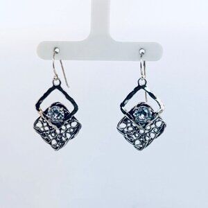 Estate 925 Sterling Silver Dangle Earrings Clear Stone Artisan Geometric Design